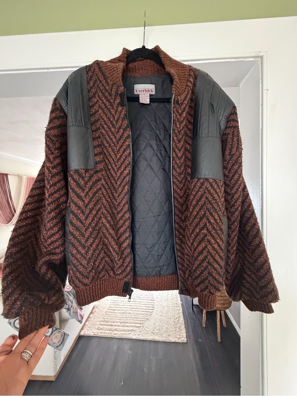 Men's Brown Chevron Knit Lightweight Jacket with Black Shoulder Accents